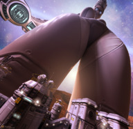 breasts giantess white_hair city mega alien glasses looming point_of_view jetslasher stars white_skin glowing_eyes digital_render