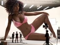 breasts giantess panties black_hair long_hair clothed cleavage bra high_heels dark_skin indoors studio closed_eyes spawngts earrings ripped_clothing crowds digital_render bare_midriff