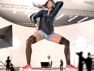 breasts giantess black_hair long_hair clothed shorts indoors studio jacket closed_eyes spawngts earrings ripped_clothing zipper digital_render