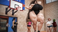 long_hair huge_breasts ponytail mini_giantess muscles basketball shorts indoors big_butt digital_render dinner-kun