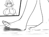 drawing giantess feet monochrome large_breasts barefoot shrunken_woman raised_foot imminent_crush trayxx cross_ange