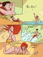 bikini breasts drawing giantess shark mega comic color large_breasts swimsuit beach barefoot cleavage water ocean wet brunette couple red_hair lying_down freckles dialogue hands_on_head mary_jane spider-man swim_trunks marvel_comics bare_midriff caiman2 earth_20052 misterbigred peter_parker
