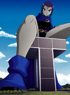 breasts drawing giantess mega color clothed purple_hair pink_hair raven teen_titans sitting cartoon outdoors cape belt leotard sitting_on_building hood looking_at_tiny dc_comics bare_legs grey_skin ravenravenraven titans_tower jinx_(teen_titans) jinx