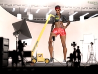 gentle giantess clothed bra shoes hand shorts standing dark_skin studio jacket tattoo lights spawngts earrings hands_on_hips no_background digital_render bare_midriff lift_vehicle