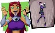 breasts drawing giantess alien comic color long_hair tongue green_eyes pink_hair teen_titans red_hair starfire dress boots top imminent_vore no_background dc_comics orange_skin grey_skin gauntlets ravenravenraven bare_midriff jinx_(teen_titans)