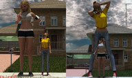growth giantess blonde long_hair multiple_sizes shorts giantesses women standing pants height_comparison shirt cellphone top sidewalk digital_render giantess_lover45 bare_midriff