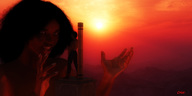 giantess black_hair long_hair standing dark_skin sunset digital_render offering randomthug