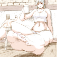 drawing giantess color barefoot green_hair sitting sketch drinks bikuta pointed_ears bare_midriff