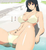 bikini drawing gentle giantess black_hair color beach water lying_down bikuta looking_at_tiny