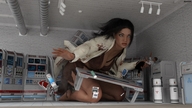 breasts growth giantess black_hair long_hair destruction clothed handheld barefoot cleavage kneeling scientist ripped_clothing lab_coat laboratory digital_render outgrowing_room amgipi