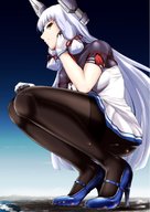 drawing white_hair city mega color long_hair destruction clothed high_heels dress foot_crush clouds crouching rakia