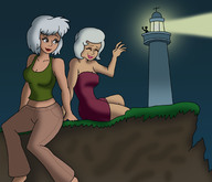 drawing giantess white_hair color cleavage jeans brown_eyes smiling dress short_hair sitting lighthouse giantesses shirt waving dredgone