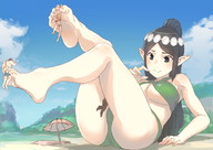 bikini drawing giantess black_hair color beach barefoot smiling elf between_legs between_toes uru
