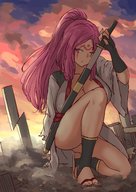 drawing giantess city color destruction sword anime guilty_gear sunset slice baiken samurai_girl