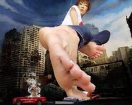 giantess collage destruction barefoot buildings foot_crush vehicles cigarette ruins looking_at_viewer kaoridope