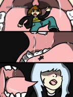 drawing vore blushing comic color blue_eyes teeth saliva succubus shrunken_man open_mouth falling grey_hair dream_sequence honmetgts