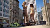 breasts giantess nude city blonde long_hair butt brunette smiling giantesses women standing vehicles vehicle_crush digital_render lfcfan papayoya ascension gesturing