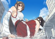 drawing city color destruction anime sitting vehicles onlookers looking_back uru kantai_collection haruna