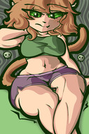 drawing crush color green_eyes domination navel shorts between_legs short_shorts shrunken_man cat_girl thighs thigh_crush orange_hair sports_bra mspaintgts