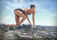 collage city mega destruction cleavage short_hair watch shorts jets crouching top looking_on karlie_kloss analternateusername running_shoes