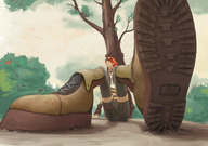 drawing micro color blood tree red_hair boots sitting unaware shrunken_man goggles buggysplat