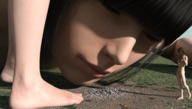 breasts nipples giantess nude pussy giga city mega black_hair long_hair barefoot brunette multiple_sizes face trample looking_down giantesses standing shaven digital_render unseenharbinger