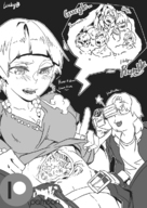 drawing vore monochrome digestion stomach camera shrunken_people stuffed dialogue filming internal_view lucky_b