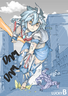 drawing giantess city color blue_hair monster running chase braid lucky_b
