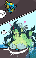 drawing giantess comic color large_breasts crossover red_eyes blue_hair huge_breasts breast_crush world_of_warcraft chains panels green_skin giga_mermaid shantae_half-genie_hero murloc