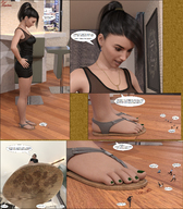 crush feet comic black_hair toes barefoot blood story ponytail gore shrunken_men sandals foot_crush looking_down nail_polish point_of_view dialogue panels running_away digital_render
