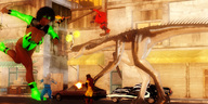 giantess city robot superhero dinosaur unknown_artist monster fighting running vehicles outdoors superheroine digital_render afro