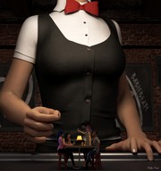 gentle black_hair long_hair clothed blue_hair pink_hair boots sitting uniform table shrunken_woman wine waitress digital_render stools innocent-owl