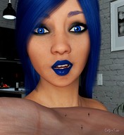 micro long_hair blue_hair palm shrunken_woman indoors on_hand digital_render parted_lips blue_lips innocent-owl