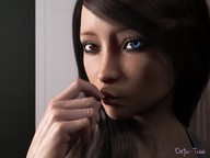 vore long_hair blue_eyes mouth handheld red_eyes brunette shrunken_person freckles heterochromia digital_render innocent-owl