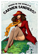 drawing giantess giga color long_hair cleavage brunette stockings callmepo carmen_sandiego trenchcoat grey_eyes