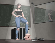 drawing color barefoot cleavage domination kneeling navel shrunken_man cage naked_man standing top ripped_clothing einom blackboard bare_midriff