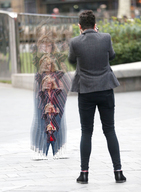 gentle collage blonde clothed shrinking camera shrunken_woman standing