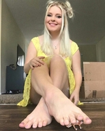 collage blonde long_hair barefoot domination smiling dress sitting foot_crush shrunken_man naked_man floor looking_at_viewer pain msku