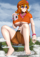 drawing giantess giga city color destruction barefoot huge_breasts red_hair short_hair sitting camera hat bracelet warioware bare_midriff mona_(warioware) game_and_wario