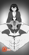 drawing gentle giantess nude monochrome large_breasts long_hair clothed barefoot skirt glasses brunette stockings sweat multiple_sizes sitting uniform standing size_comparison spokle