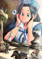 drawing giantess black_hair color long_hair blue_eyes eliza nurse chess fighting looking_down bakugeki_no_g chess_pieces