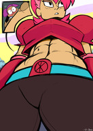 drawing blushing color climbing purple_hair low_angle pink_hair short_hair muscles abs unaware enid tdart ok_k.o.!_lets_be_heroes red_action cartoon_network