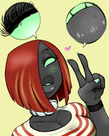 drawing micro blushing color large_breasts clothed cleavage green_eyes red_hair short_hair heart unaware jewelry necklace looking_at_viewer hanging_on green_nails glowing_eyes no_background on_lips oc anon grey_skin peace_sign cutaway eyelash one_eye_covered tdart mama_td