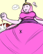 breasts drawing color large_breasts long_hair clothed climbing low_angle pink_hair dress unaware shrunken_man standing dialogue tiara adventure_time princess_bubblegum no_background tdart peppermint_butler cartoon_network