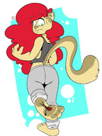 drawing furry tail anthro color long_hair clothed toes barefoot soles green_eyes red_hair piercings looking_back wendy stuck_to_foot no_background looking_at_tiny tdart td