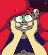 drawing gentle furry anthro color long_hair green_eyes smiling red_hair lying_down sitting popcorn shrunken_man eating earrings wendy hands_on_head tdart td