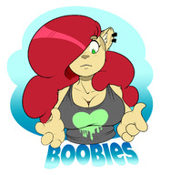 drawing furry tail anthro color large_breasts long_hair clothed cleavage green_eyes low_angle red_hair piercings shrunken_man top wendy no_background one_eye_covered between_breasts tdart td