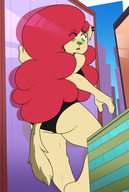 bikini drawing giantess furry tail city color long_hair clothed buildings green_eyes red_hair piercings walking looking_down open_mouth thighs leaning_against_building outdoors wendy no_background oc bare_legs tdart