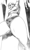 drawing giantess panties city monochrome large_breasts low_angle smiling ponytail outdoors cyclops tabitha tdart