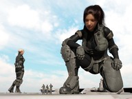 breasts giantess mega large_breasts armor clothed brunette gloves ponytail boots kneeling looking_down giantesses outdoors boomgts digital_render